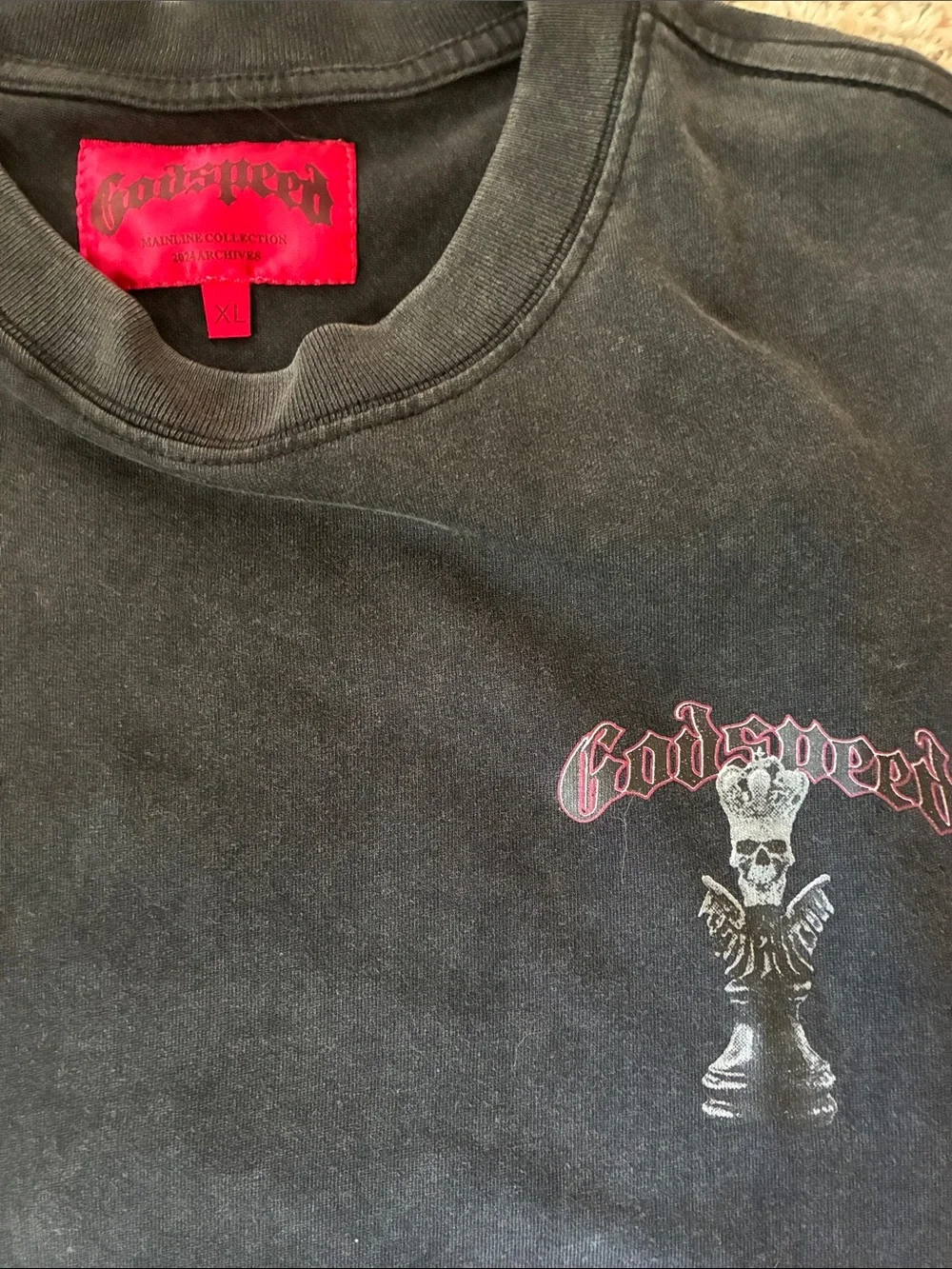 Men's Black Graphic GodSpeed Crewneck Tee with Subtle Chest Artwork